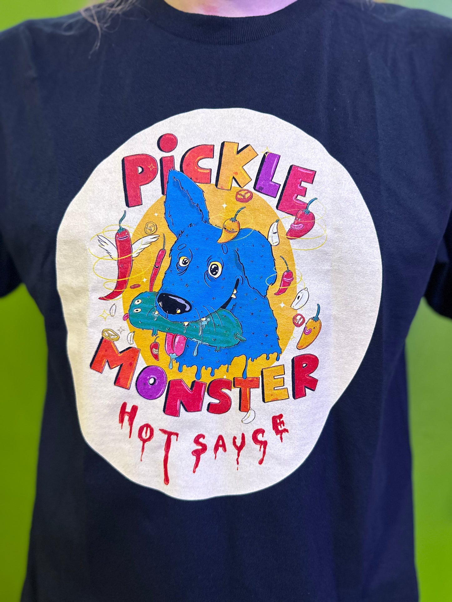 Black t-shirt with Pickle Monster logo